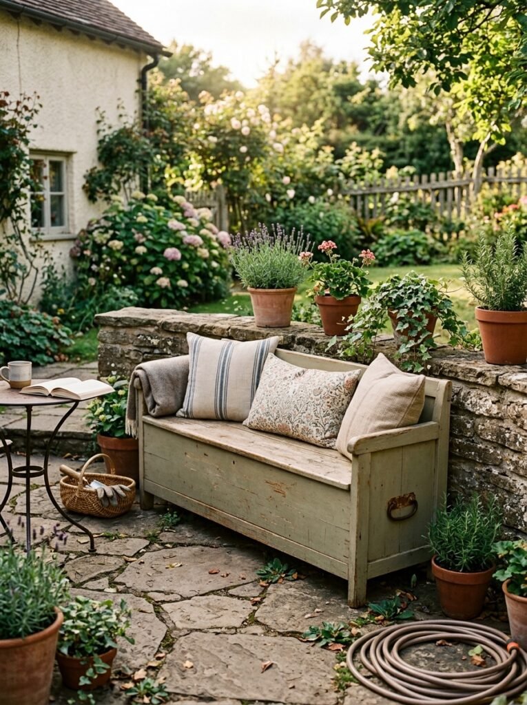 Small patio furniture idea for apartments with storage bench seating