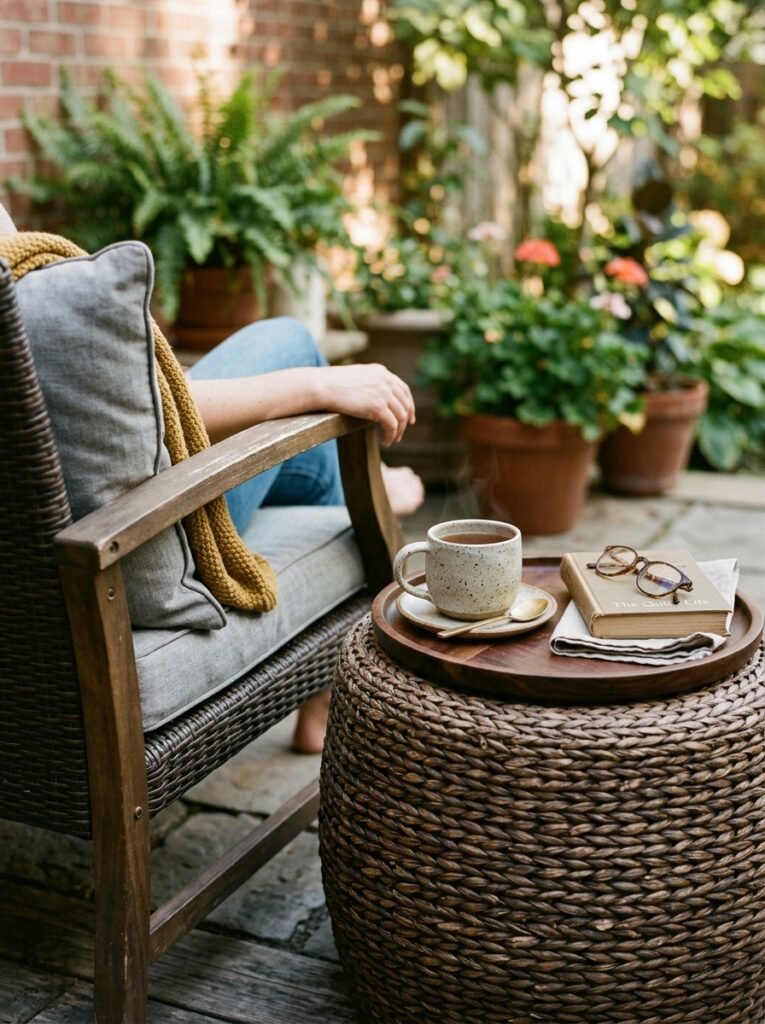 Small patio furniture idea for apartments with storage ottoman