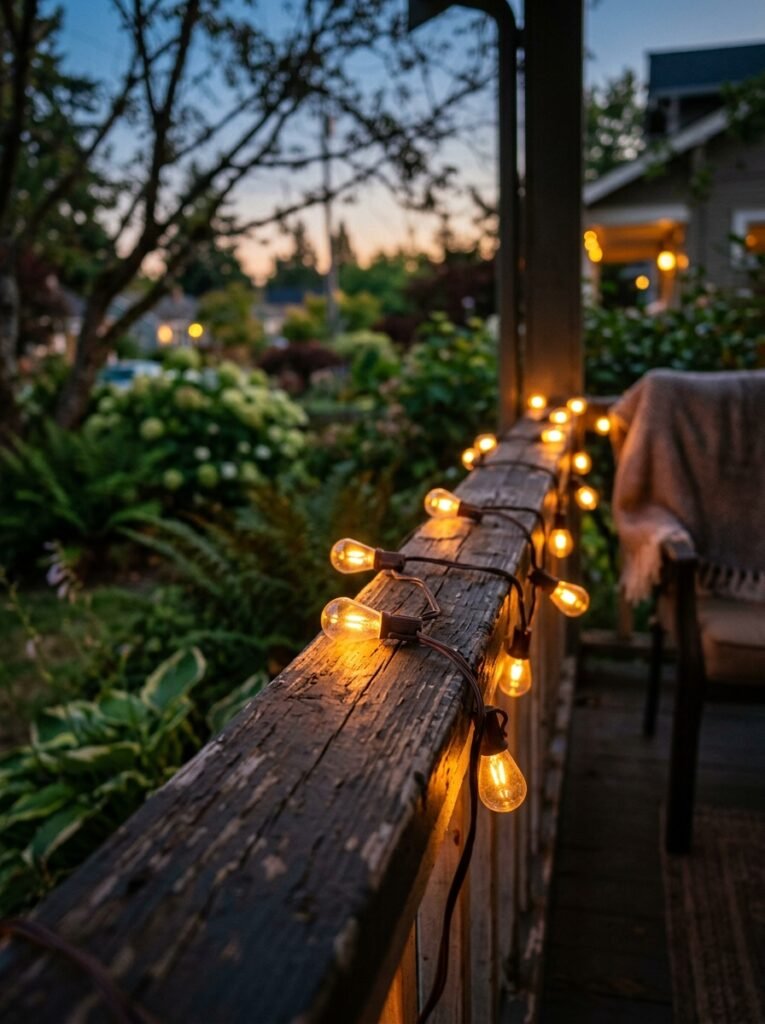  Fall porch decor idea for small spaces with amber string lights