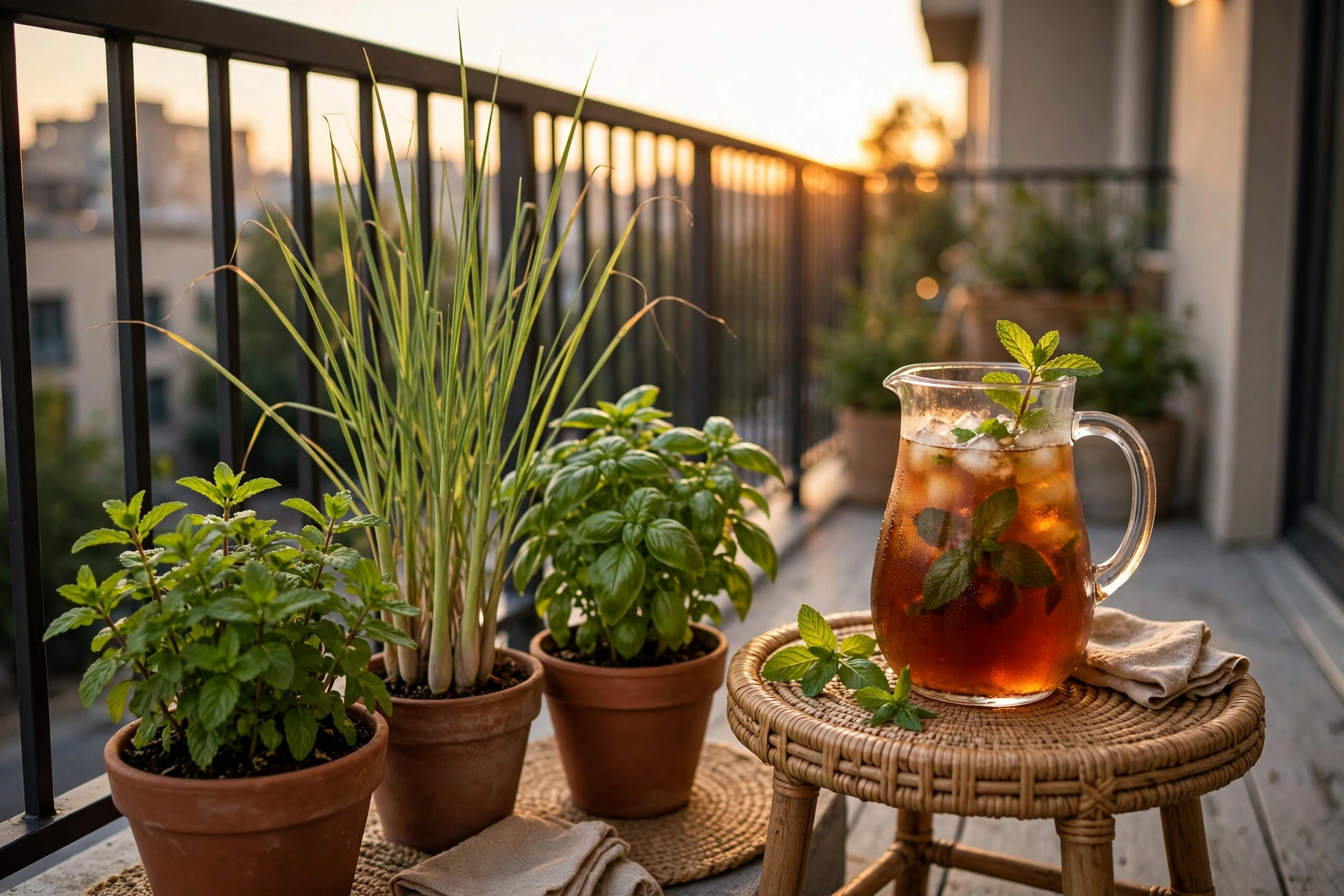 Cocktail herb balcony herb garden with mint lemongrass and basil pots