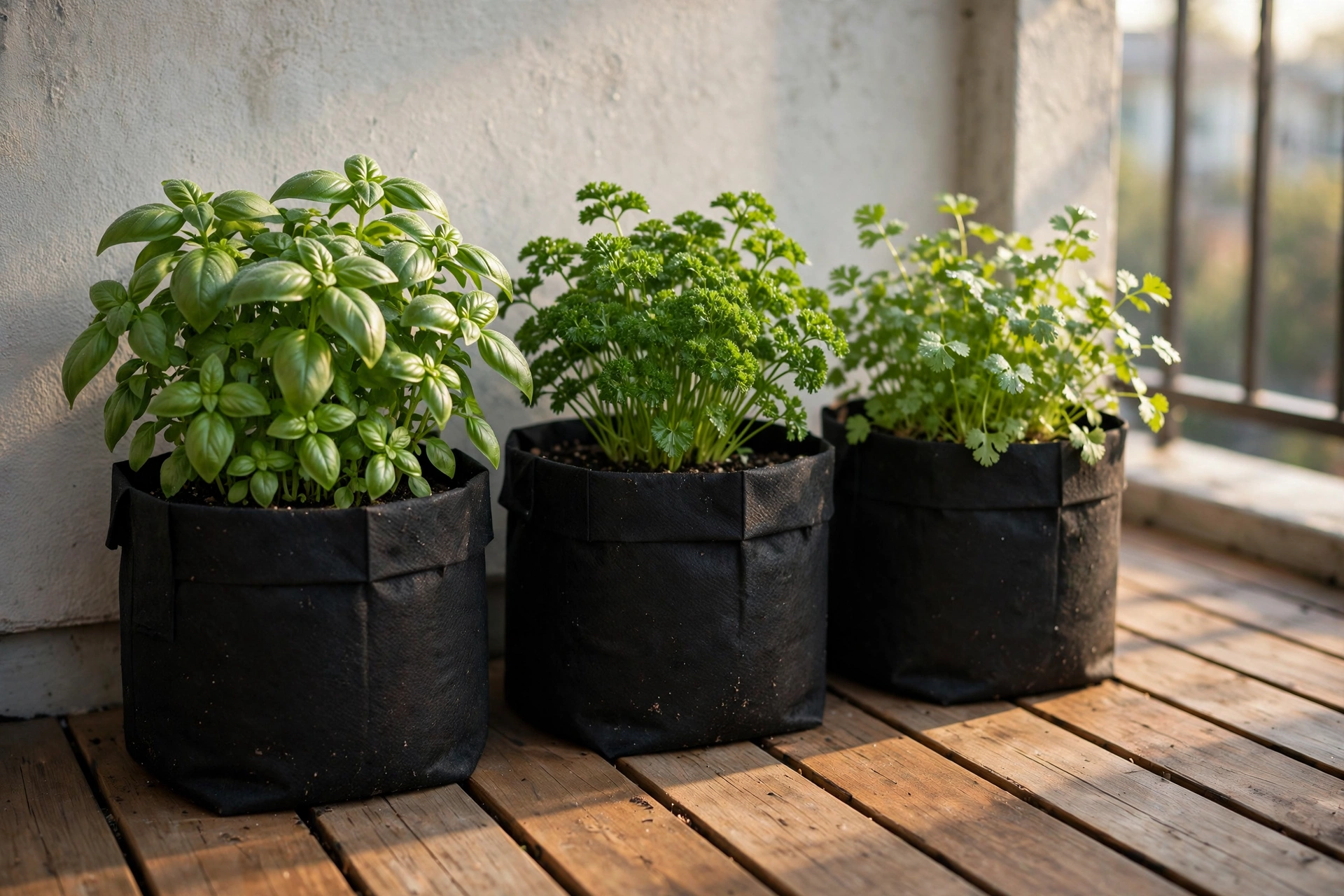 Fabric grow bags lined up as a balcony herb garden along a wall