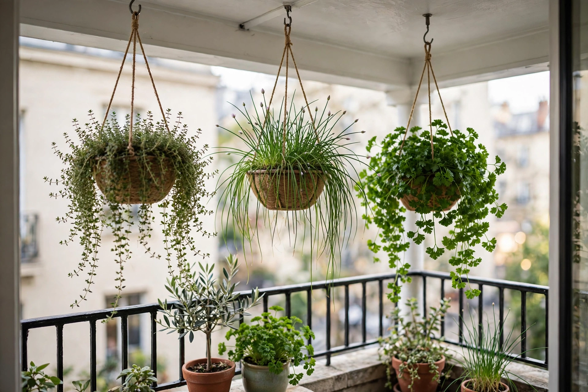 Hanging baskets with trailing herbs in a small balcony herb garden