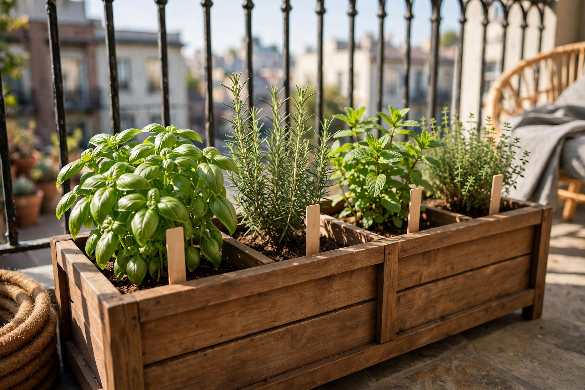 Divided long planter herb bar balcony herb garden with labeled sections