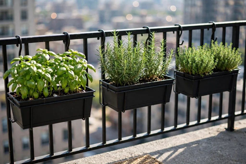 Balcony herb garden ideas with railing planters growing basil rosemary and thyme