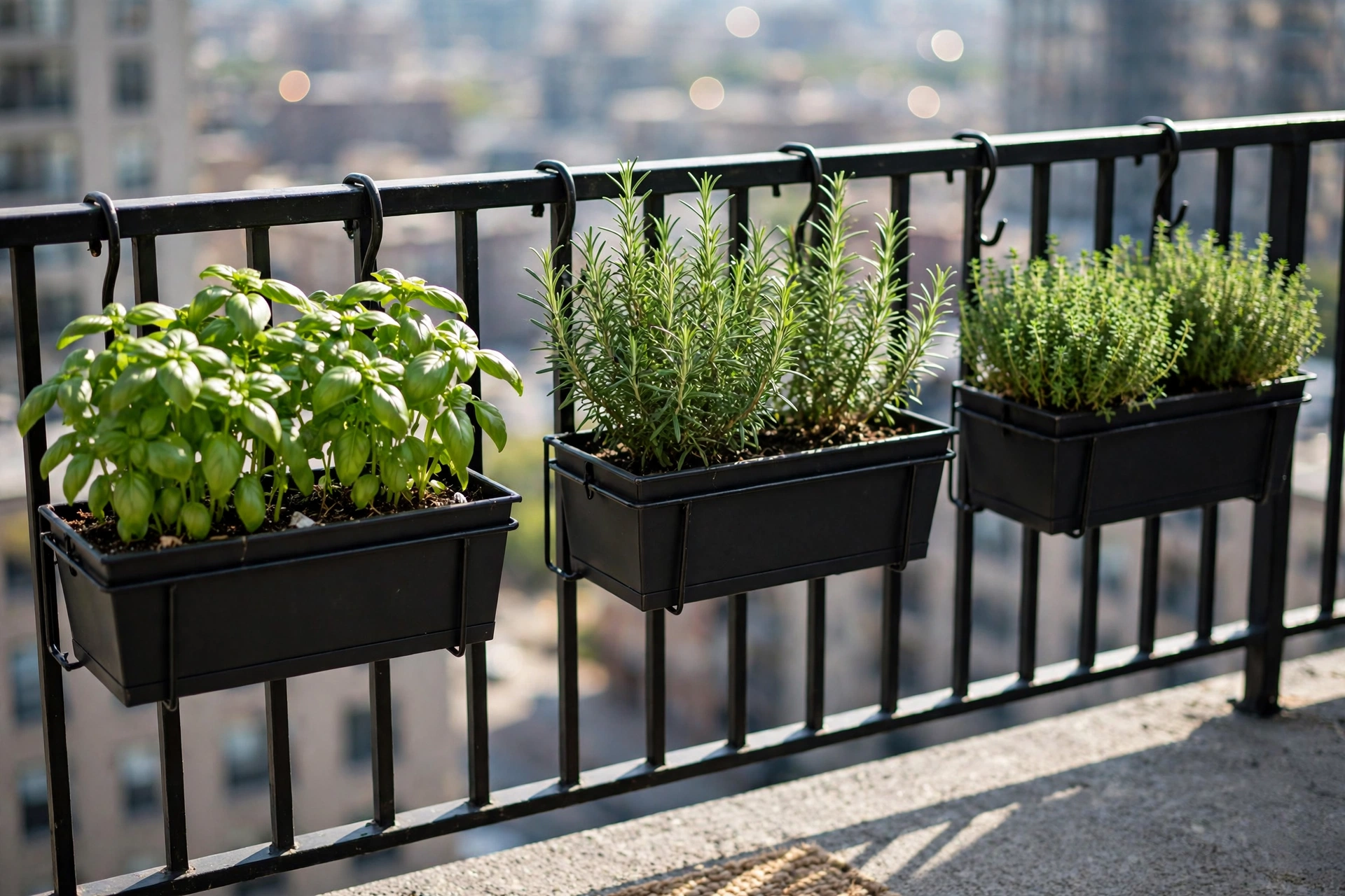 Balcony herb garden ideas with railing planters growing basil rosemary and thyme
