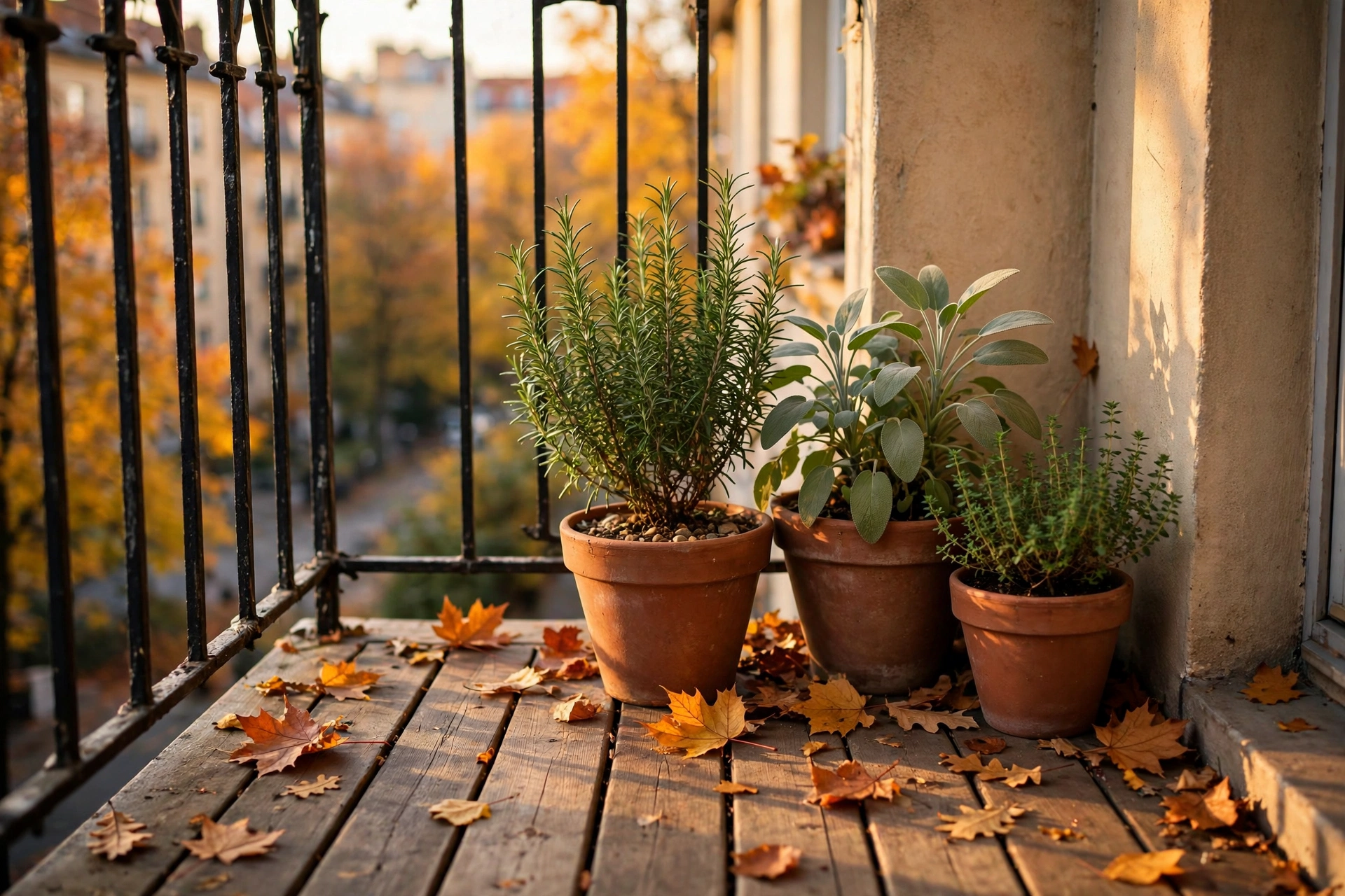 Seasonal balcony herb garden with hardy herbs in autumn light