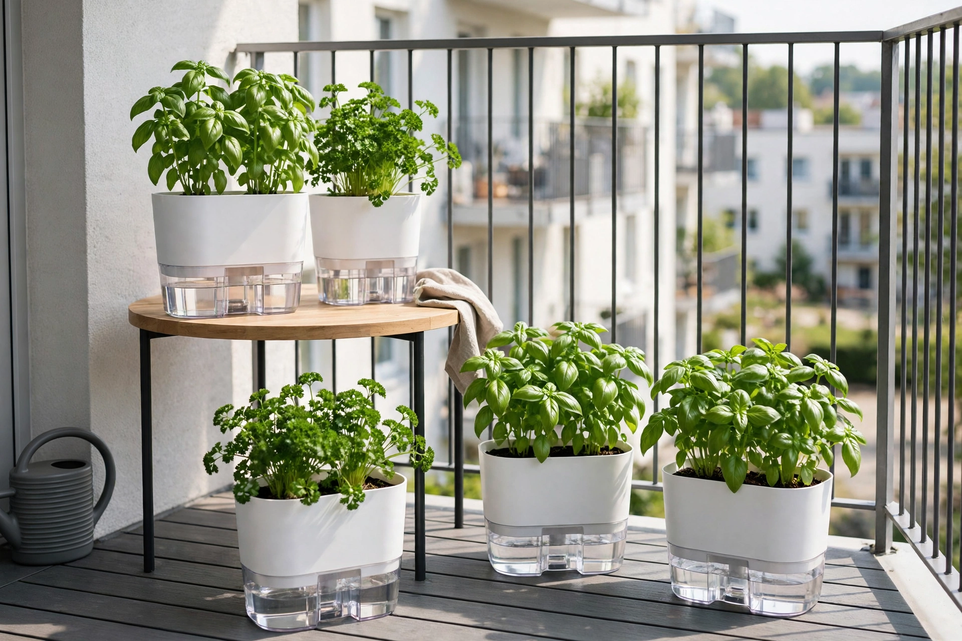 Self-watering planter balcony herb garden ideas with reservoir bases