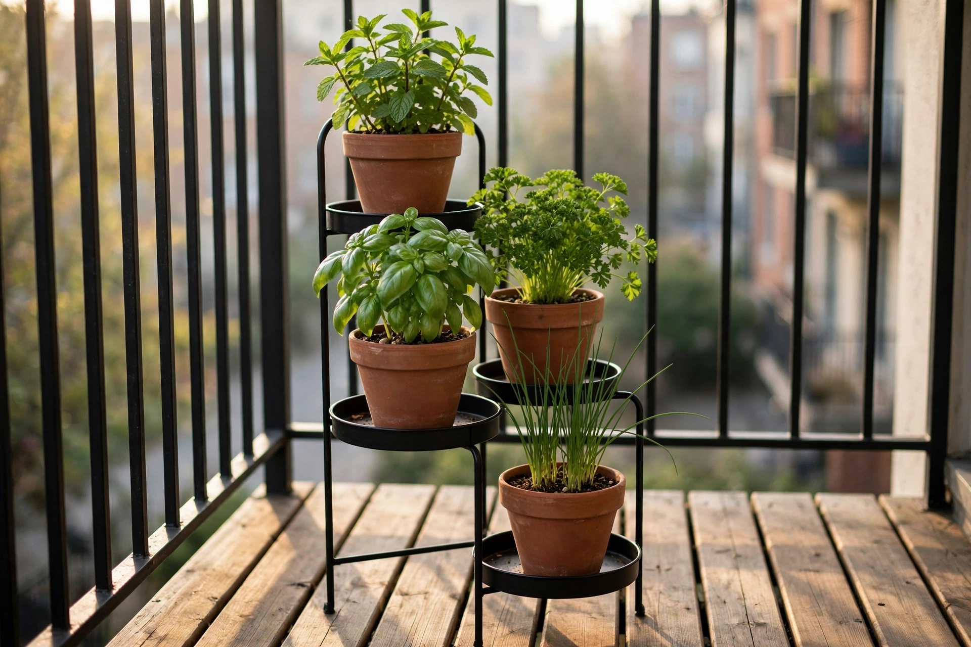 Tiered stand balcony herb garden ideas with pots of herbs on three levels