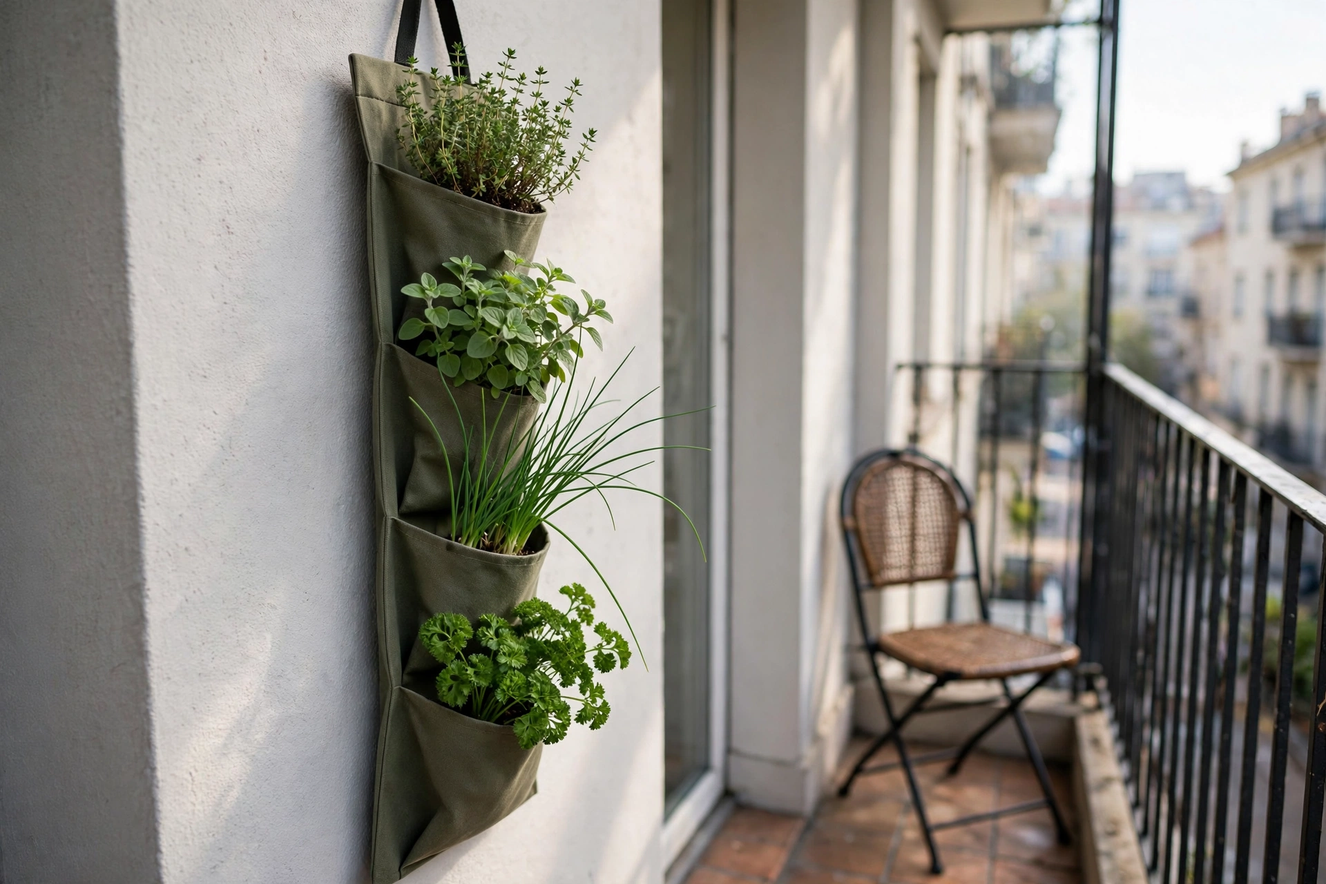 Vertical pocket planter balcony herb garden ideas on an apartment wall