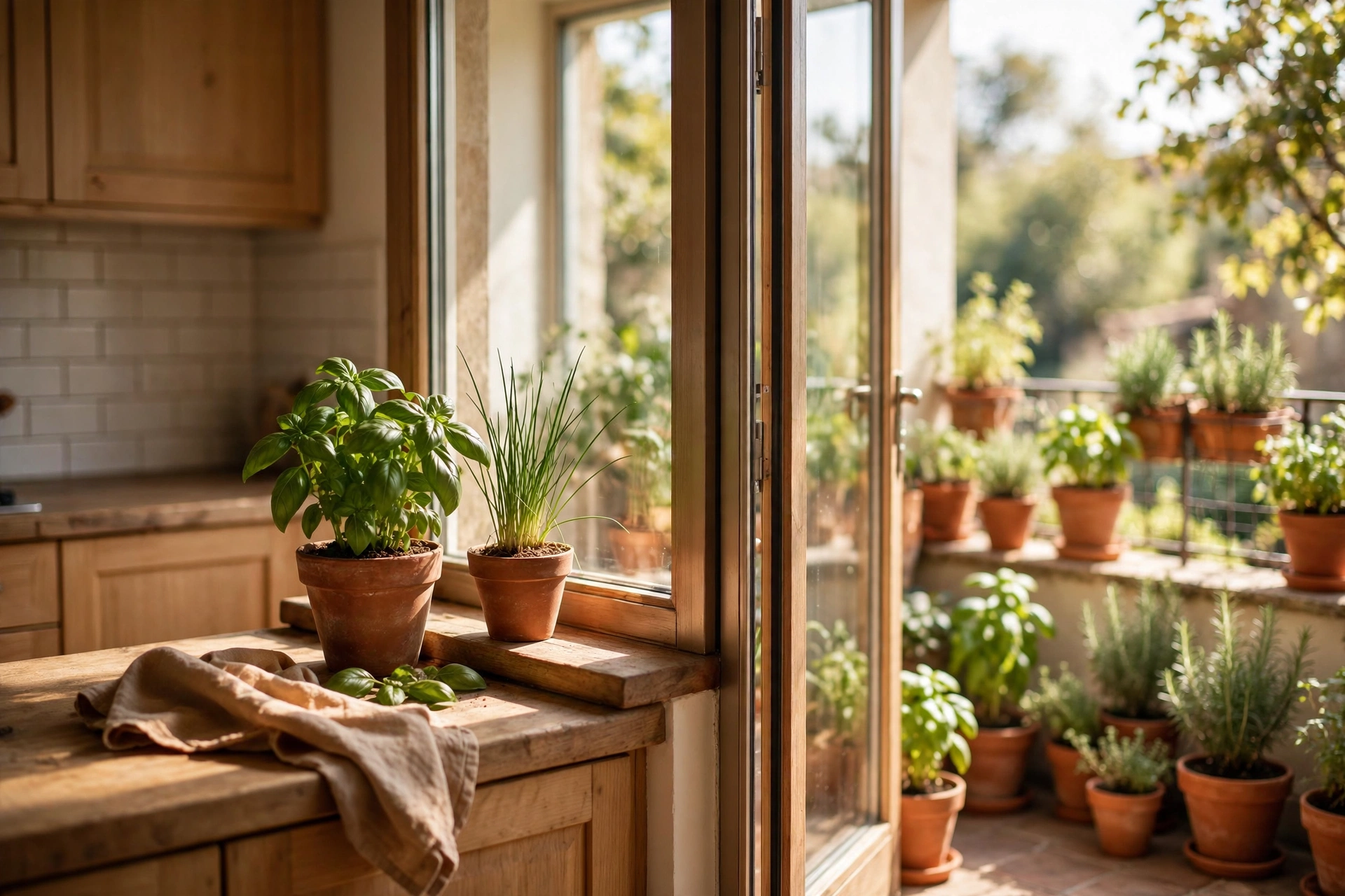 Balcony herb garden bridging kitchen windowsill herbs and outdoor pots