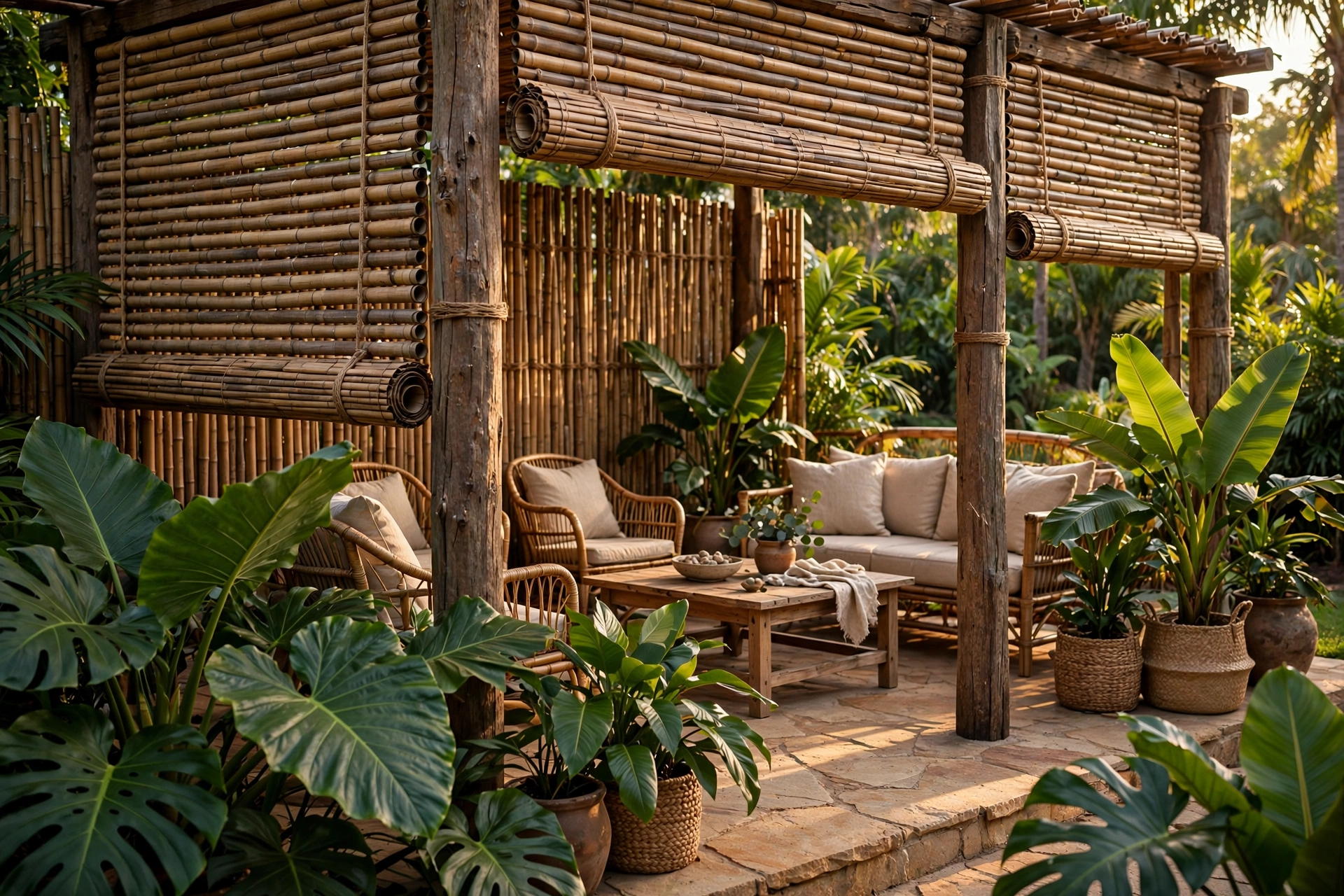 Rolled bamboo fencing attached to patio posts for tropical-style privacy