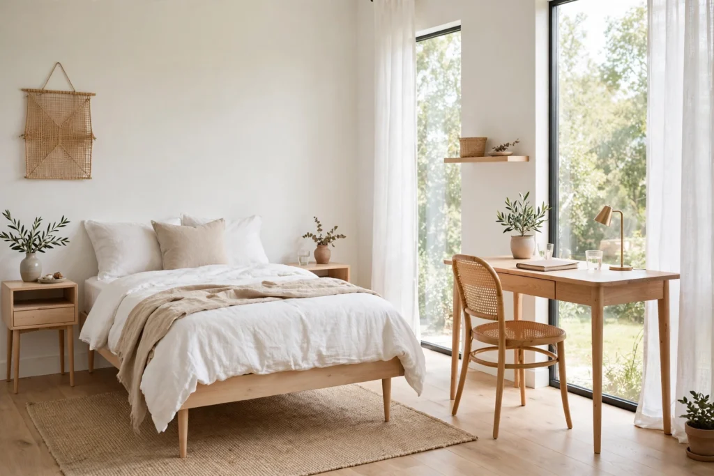 Leggy small-scale furniture in cozy bedroom