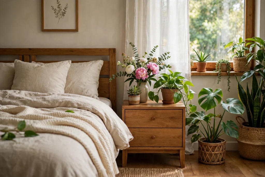 Live plants and flowers in cozy bedroom