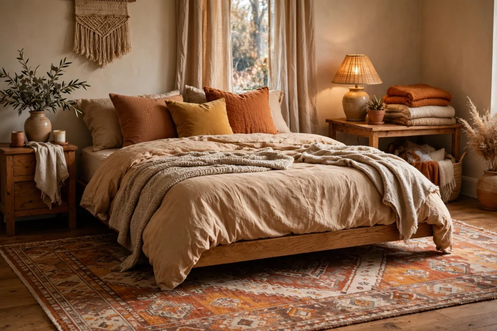 Large area rug anchoring small cozy bedroom
