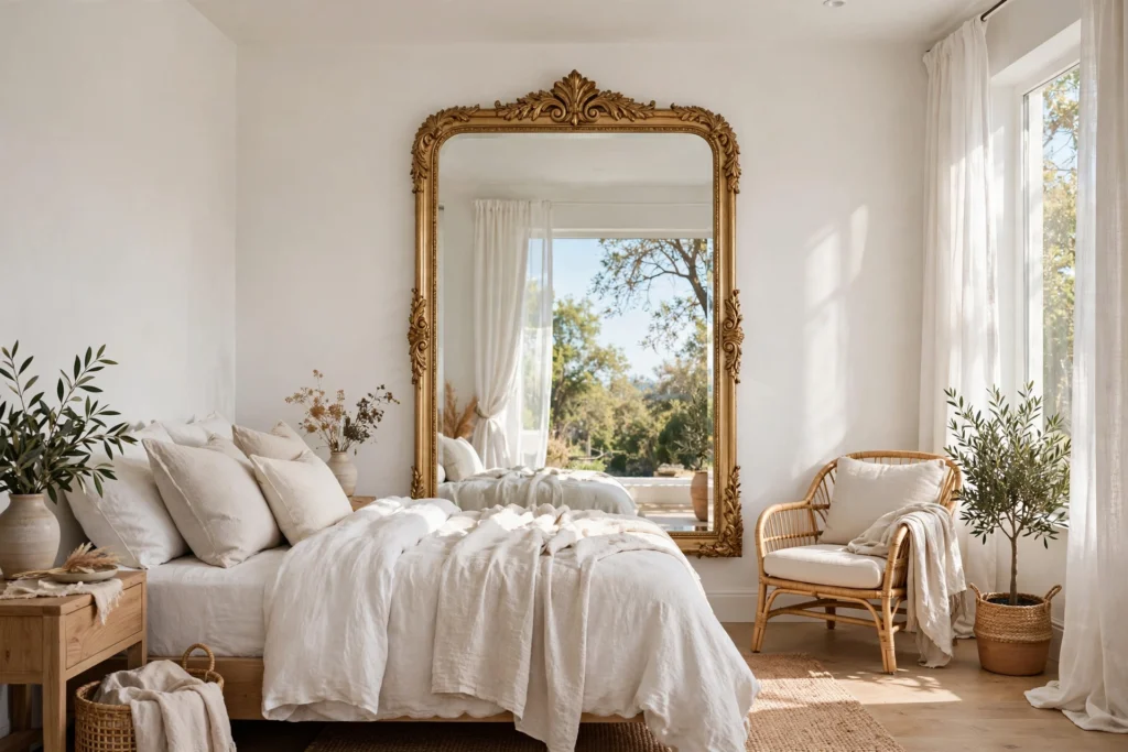 Large mirror doubling natural light in bedroom