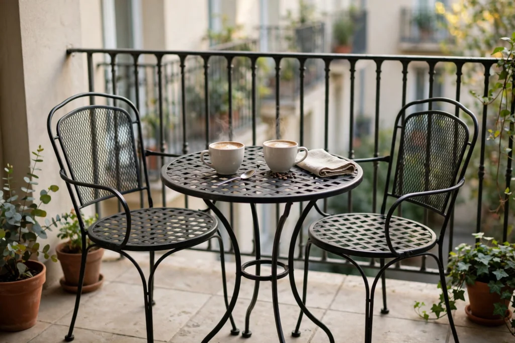 Outdoor dining set for small patio: classic metal bistro set for two with morning coffee on a balcony
