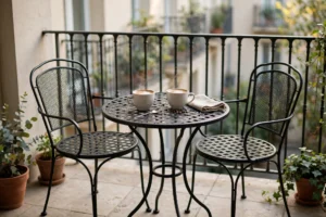 Outdoor dining set for small patio: classic metal bistro set for two with morning coffee on a balcony