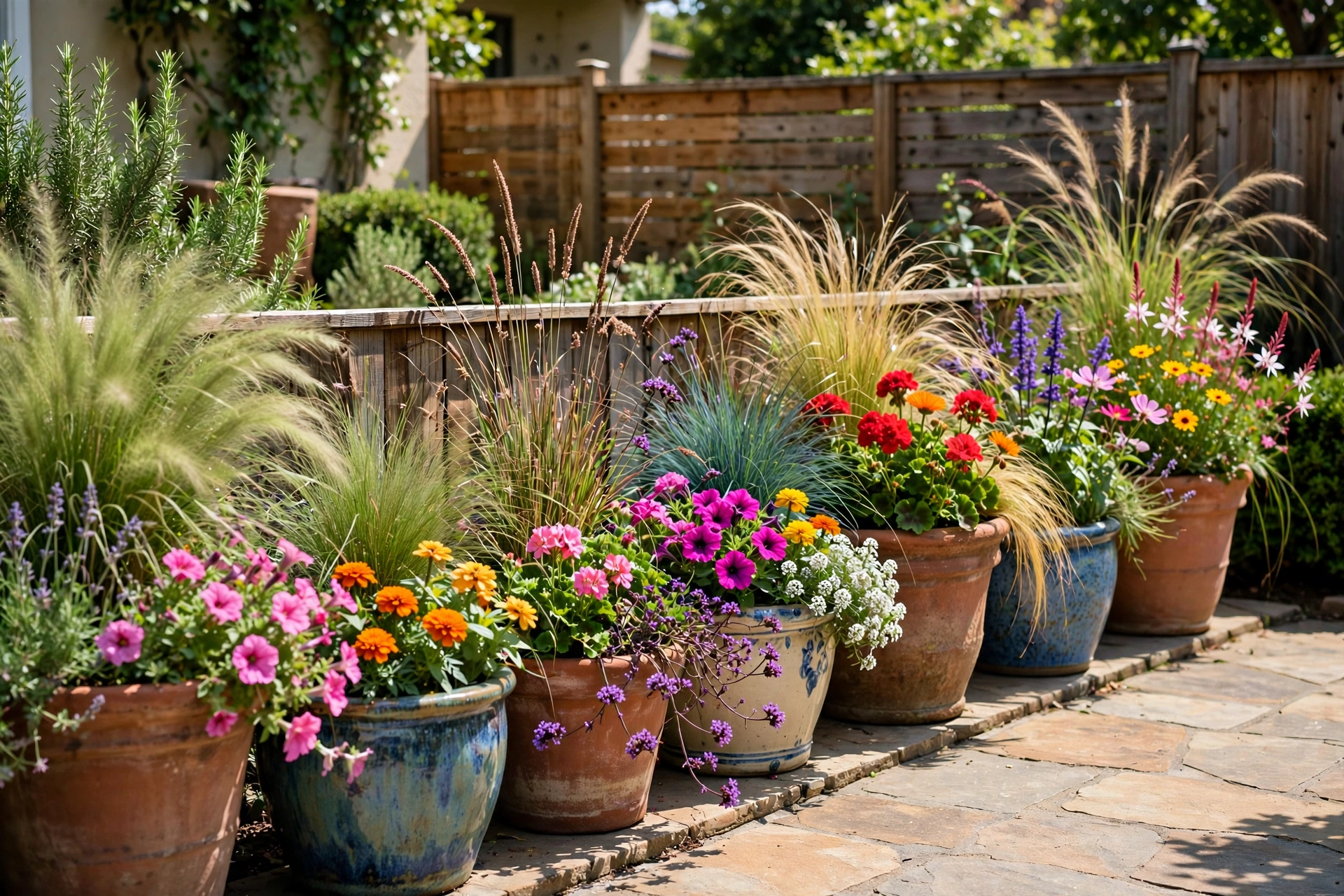 Row of large planted containers edging a small budget backyard patio