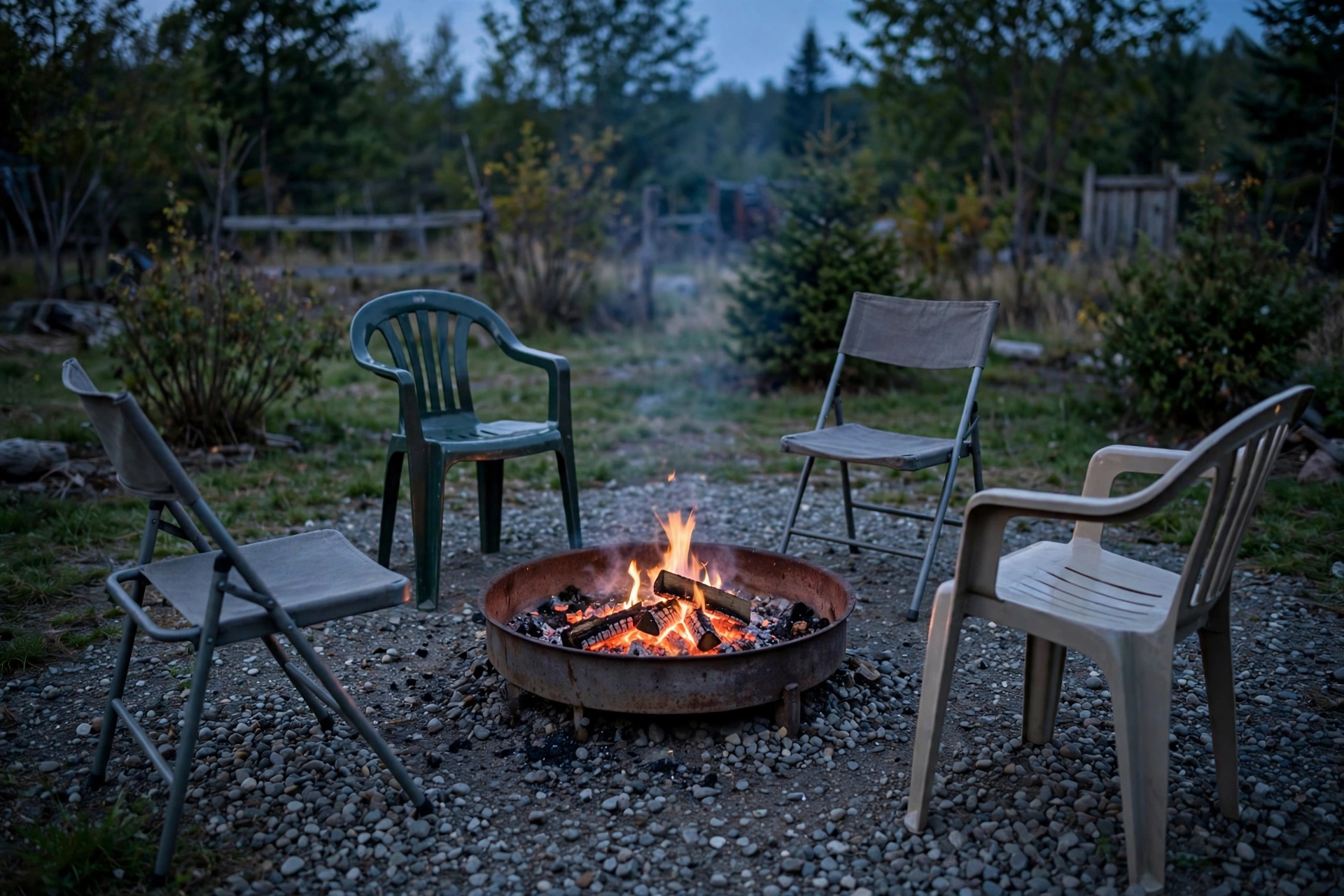 Fire pit circle on gravel with chairs: cozy small backyard patio ideas on a budget
