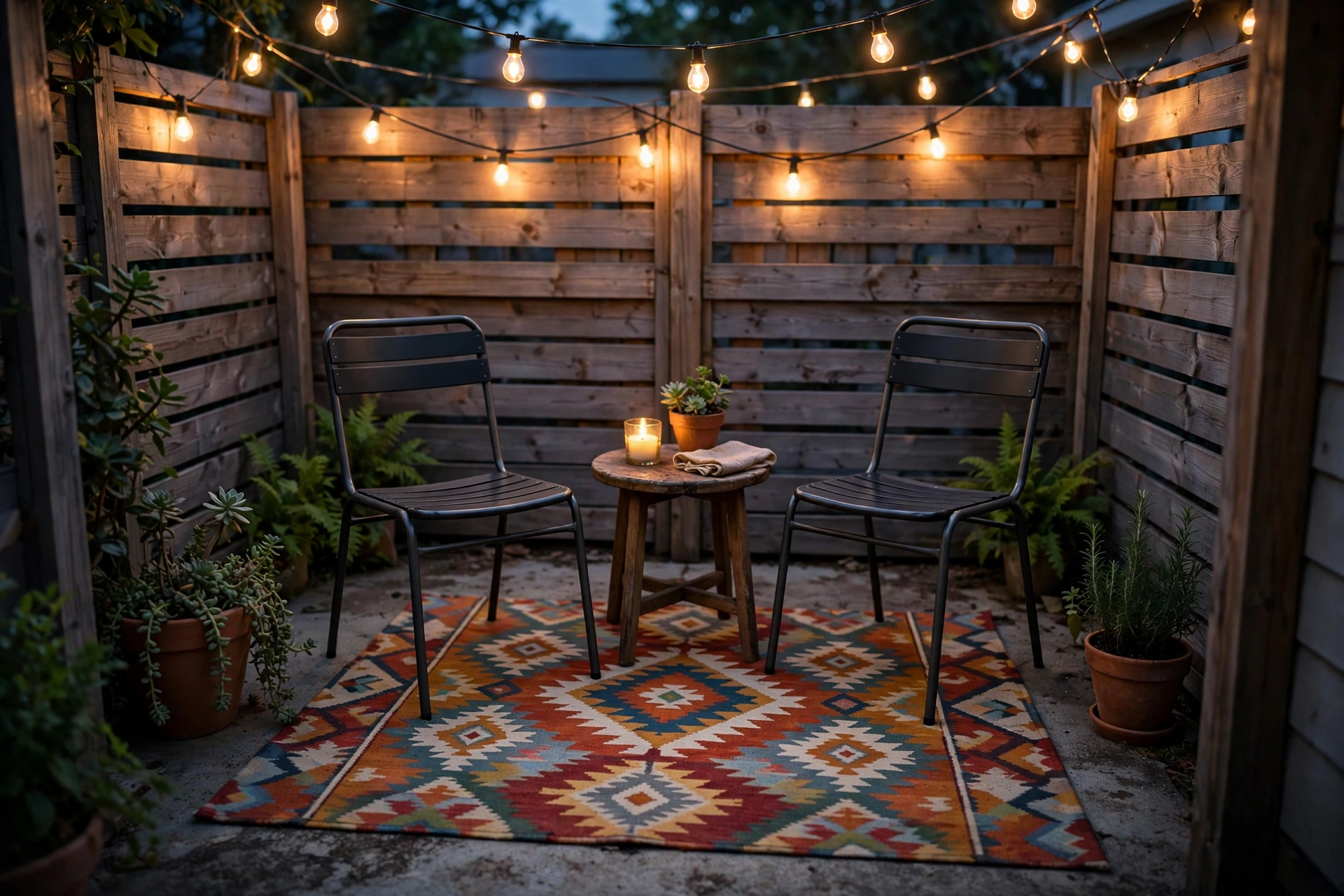 Budget small patio with a patterned outdoor rug under simple seating