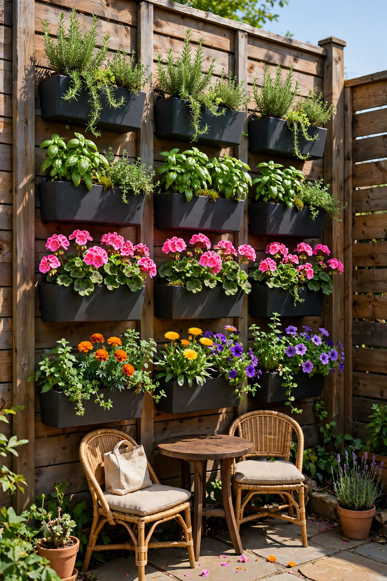 Vertical wall planters with herbs and flowers on a small patio fence