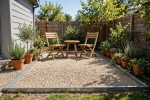 Pea gravel patio with edging and chairs: top small backyard patio ideas on a budget