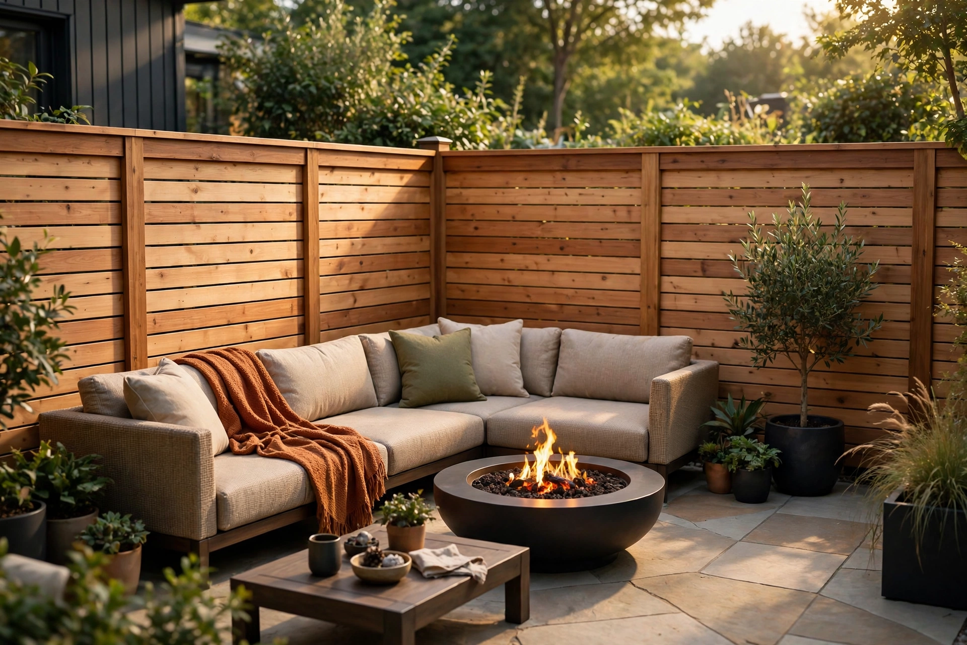 Modern horizontal cedar fence panels enclosing a patio for full privacy