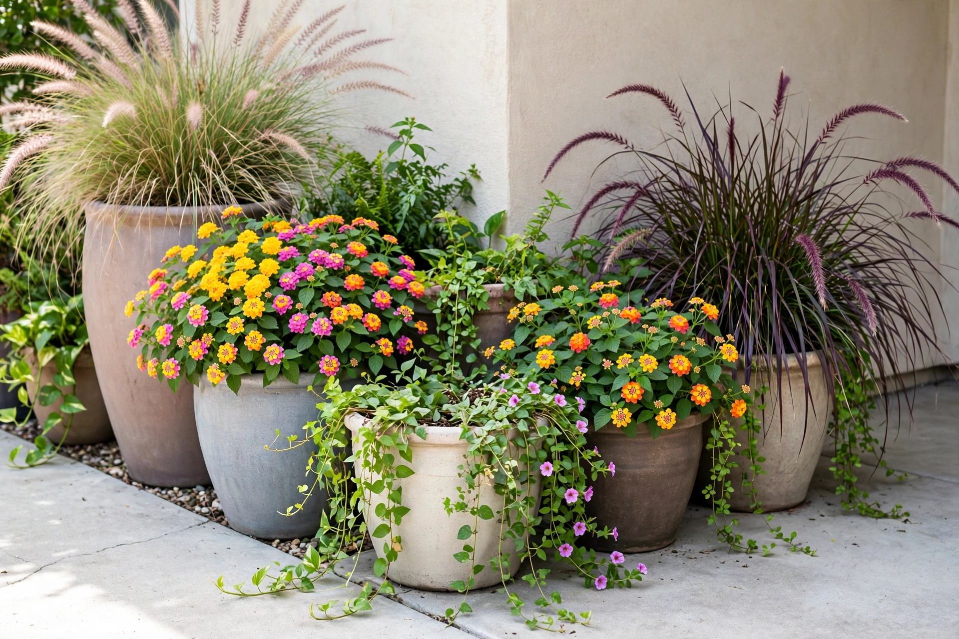Layered container garden of large ceramic pots along a concrete patio edge