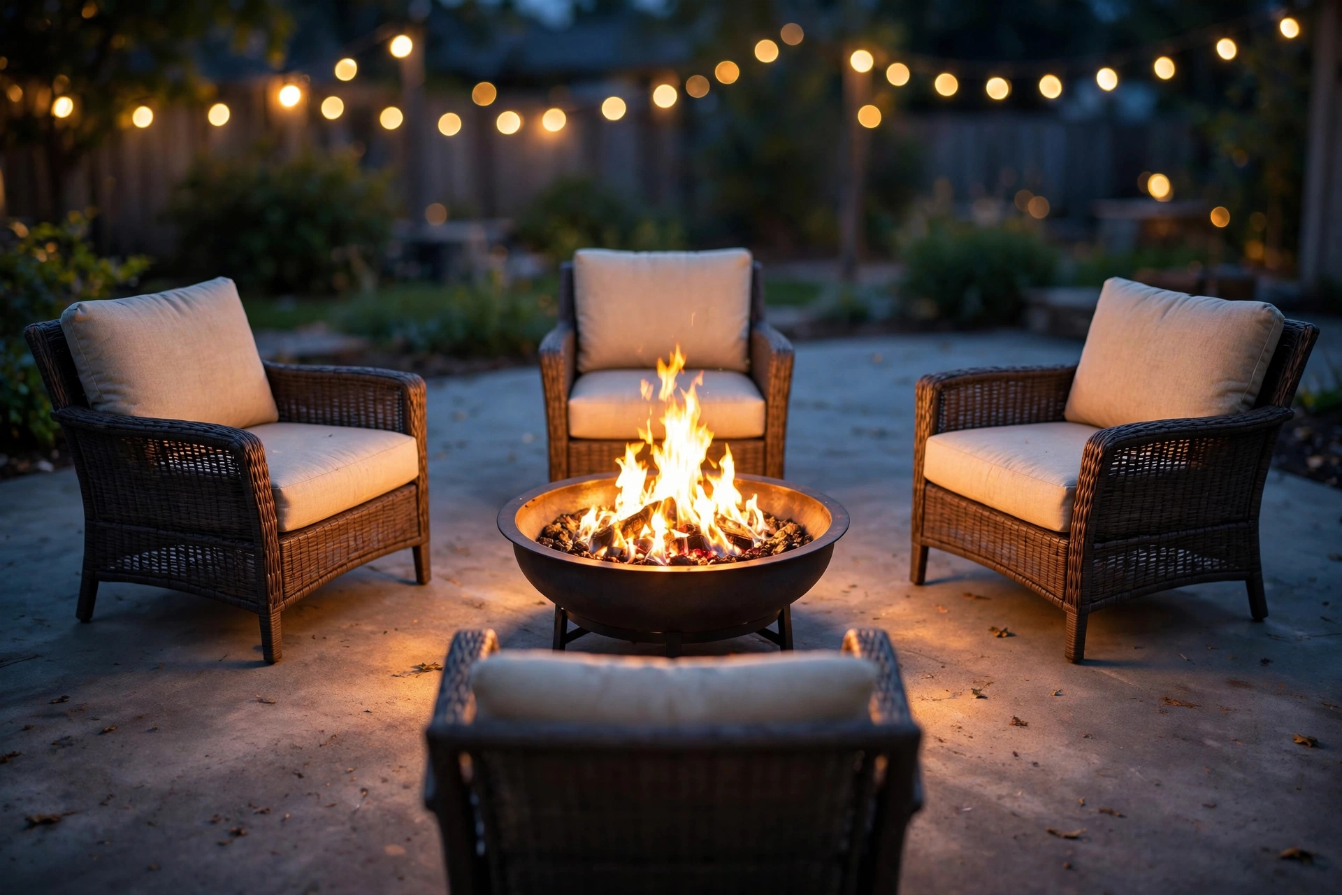 Round propane fire bowl as the focal point of a concrete patio seating area