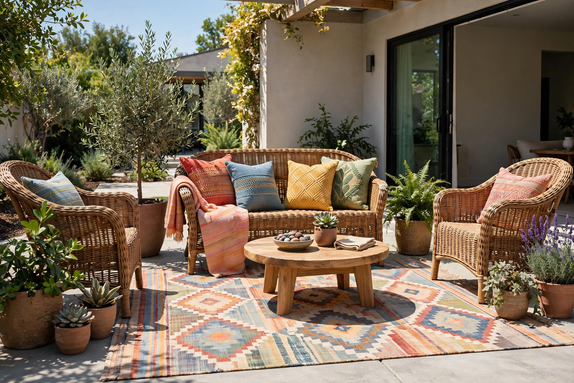 Concrete patio styled as an outdoor living room with lounge furniture and textiles