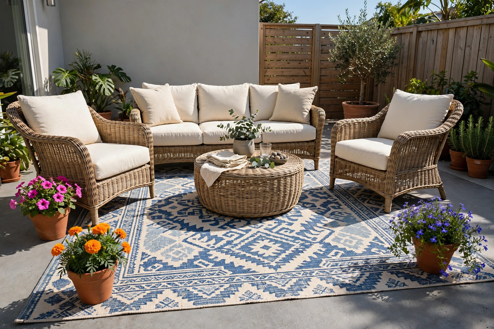 Concrete patio decor ideas: large patterned outdoor rug defining a lounge zone
