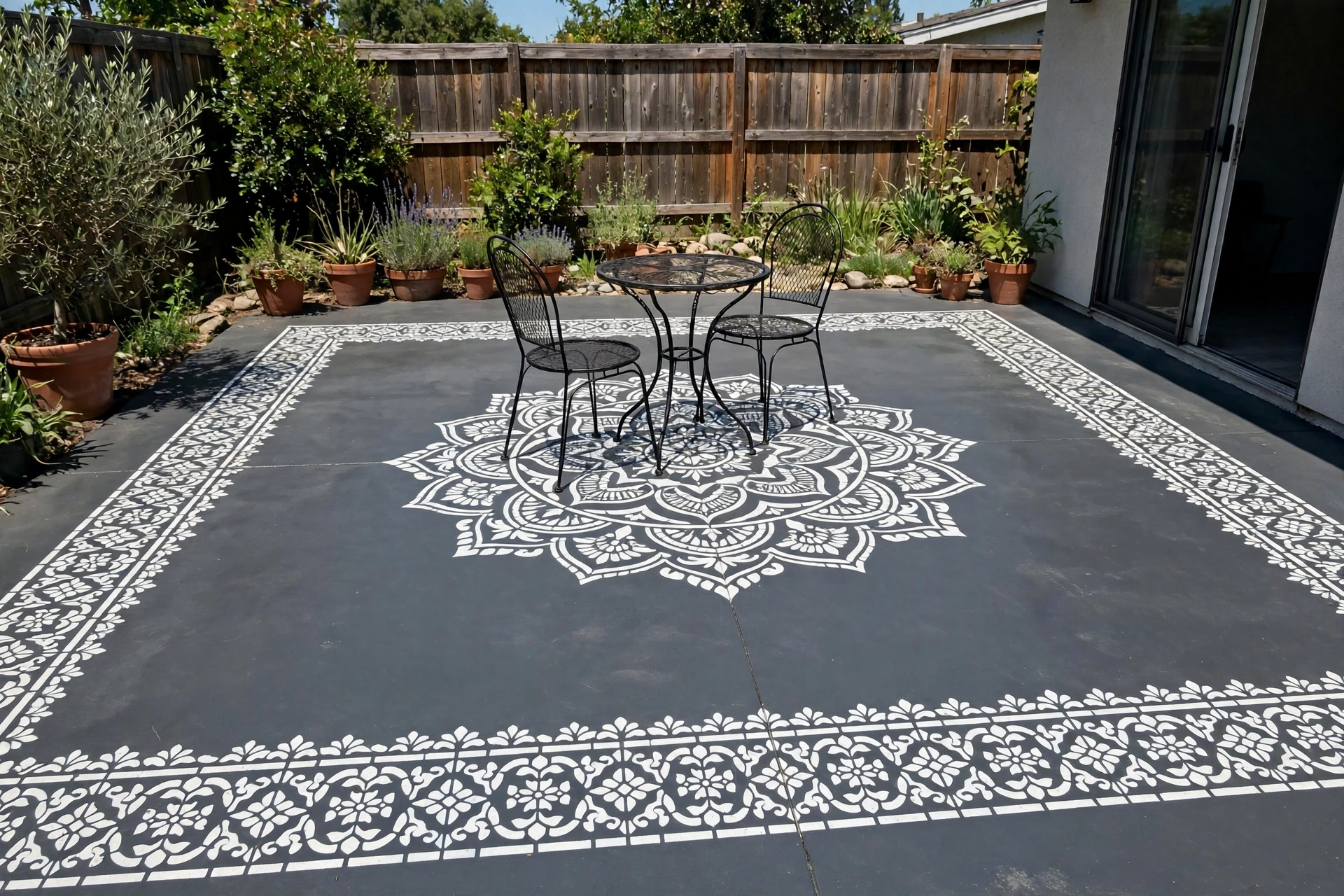 Concrete patio painted with a white stencil border and medallion pattern