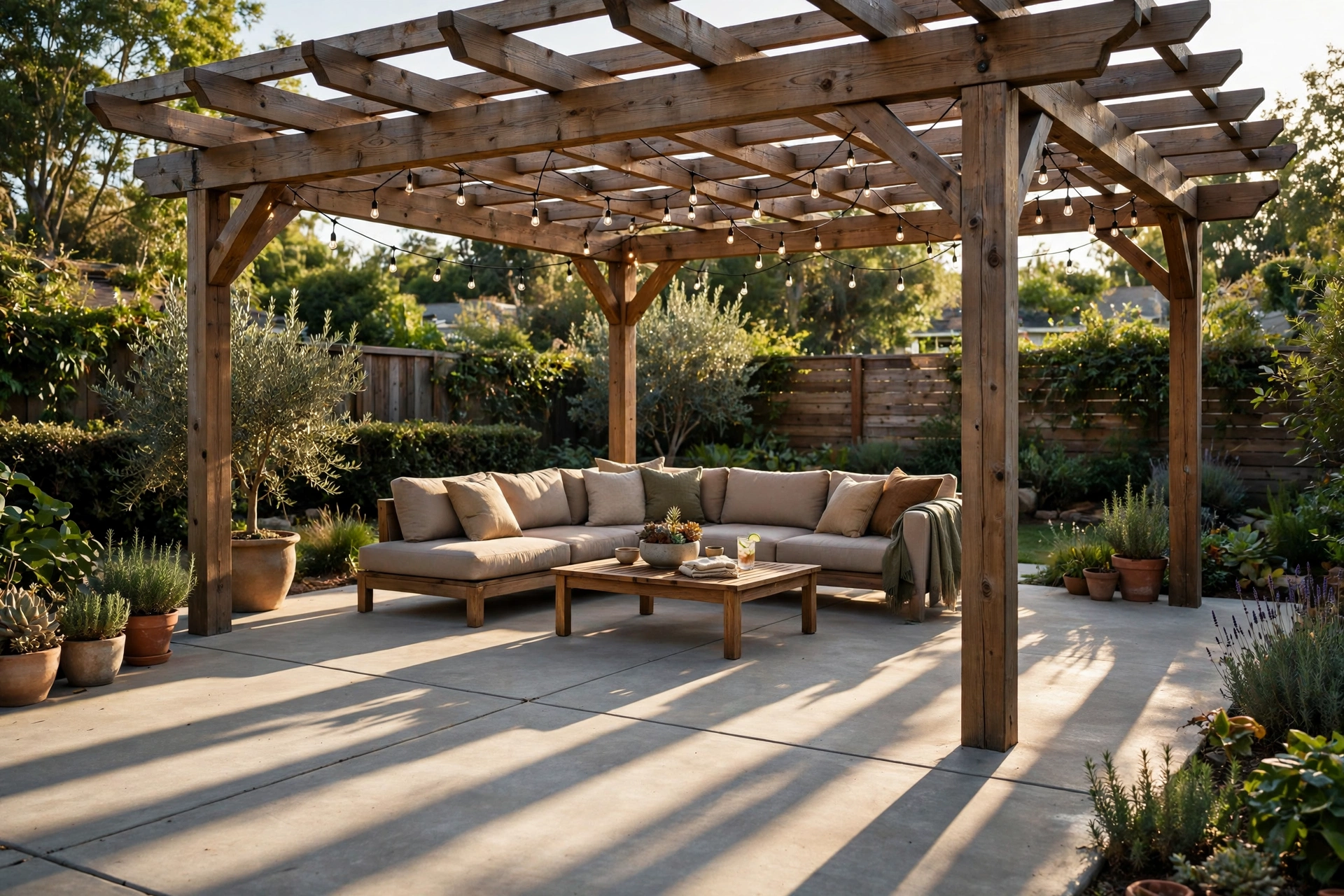 Wooden pergola adding architecture and shadow lines to a concrete patio