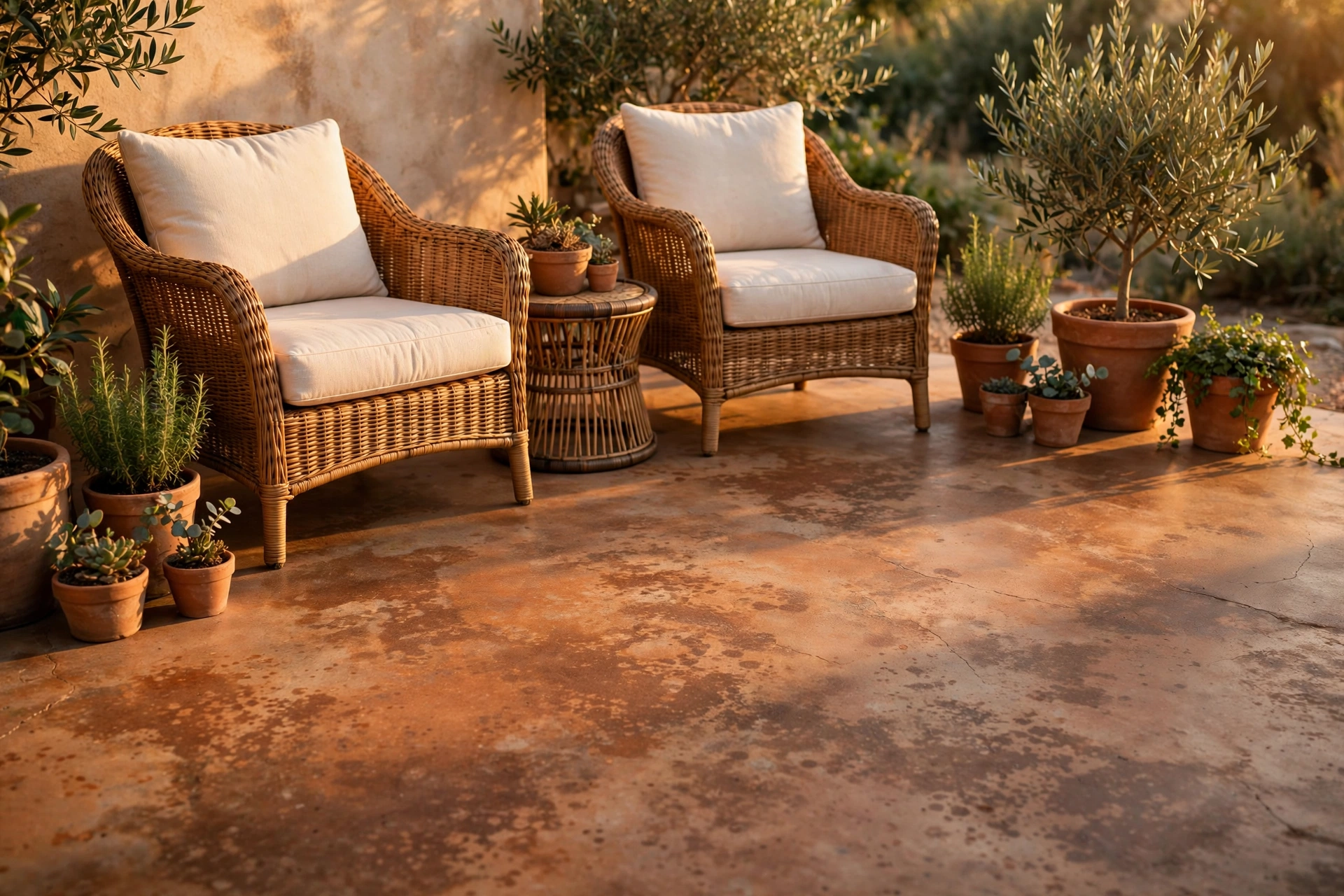 Concrete patio decor ideas: slab stained in warm terracotta and walnut earth tones