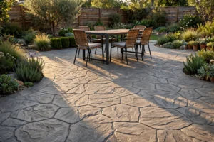 Concrete patio decor ideas: stamped slate-pattern overlay on a backyard patio