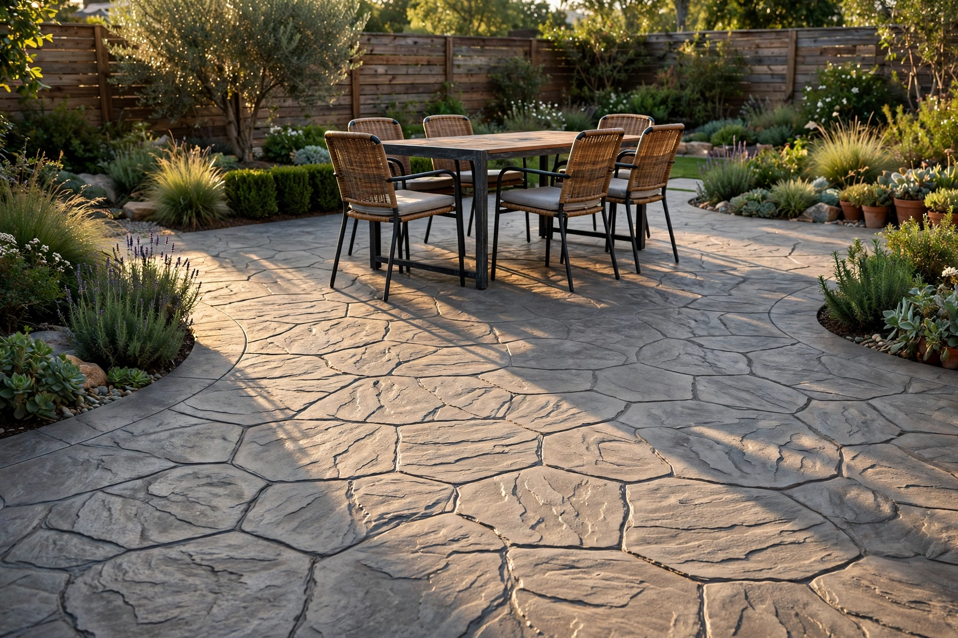 Concrete patio decor ideas: stamped slate-pattern overlay on a backyard patio