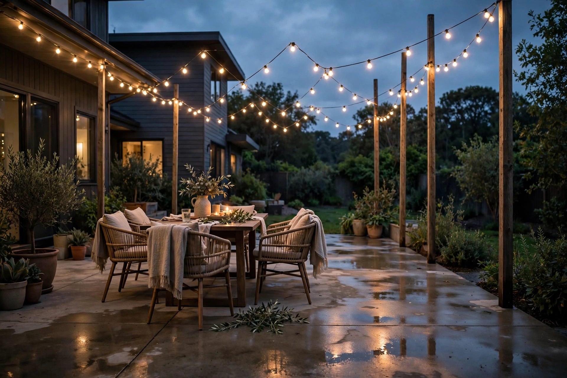 Warm string lights draped overhead above a concrete patio at dusk