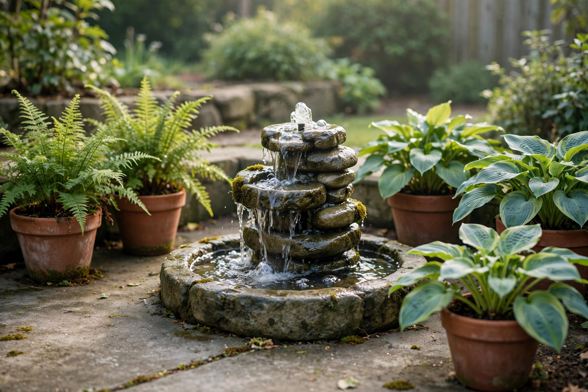 Small bubbling stone water fountain in a planted corner of a concrete patio