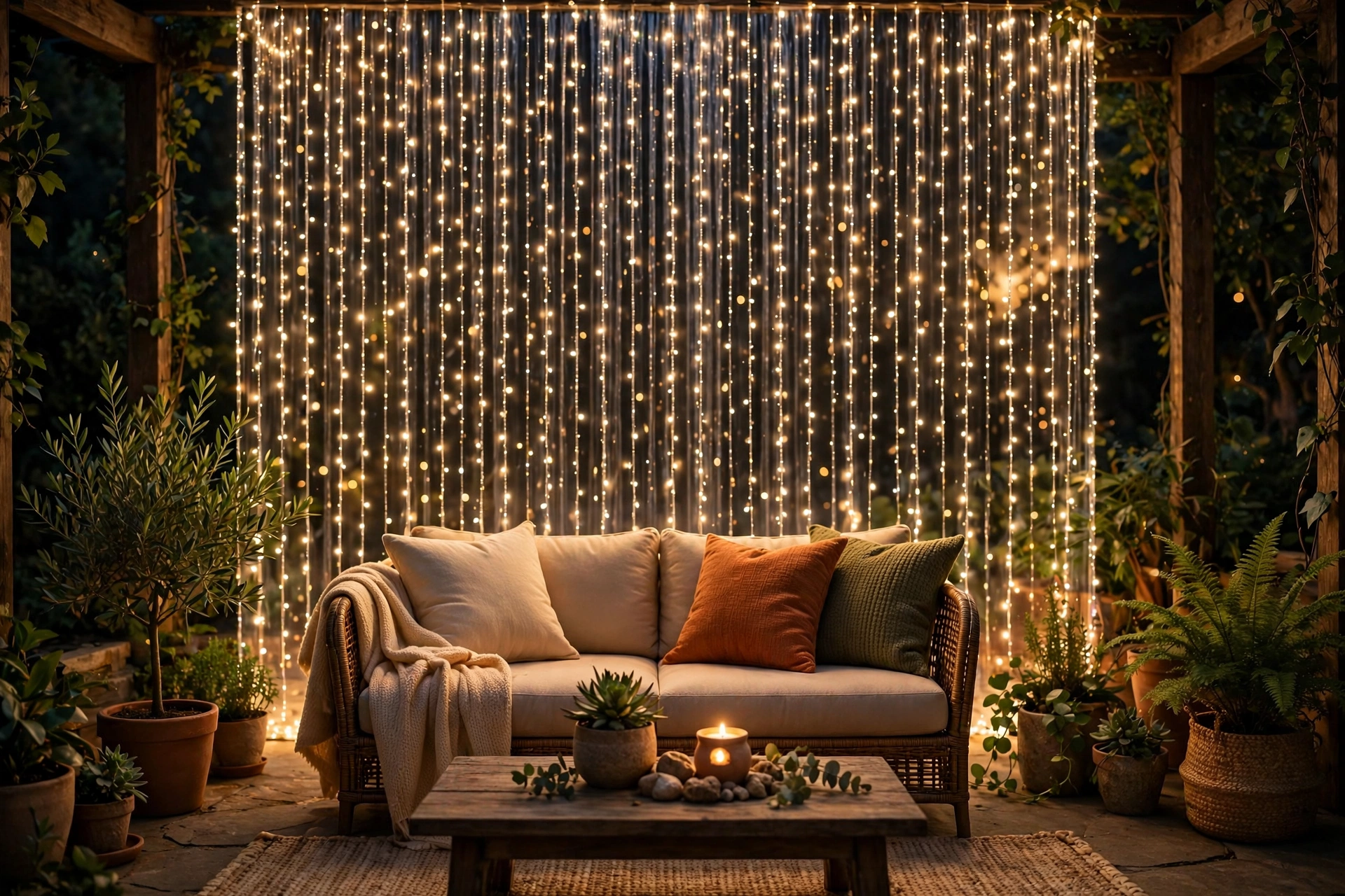 tension rod spanning a balcony doorway with warm string lights draped over it, evening view