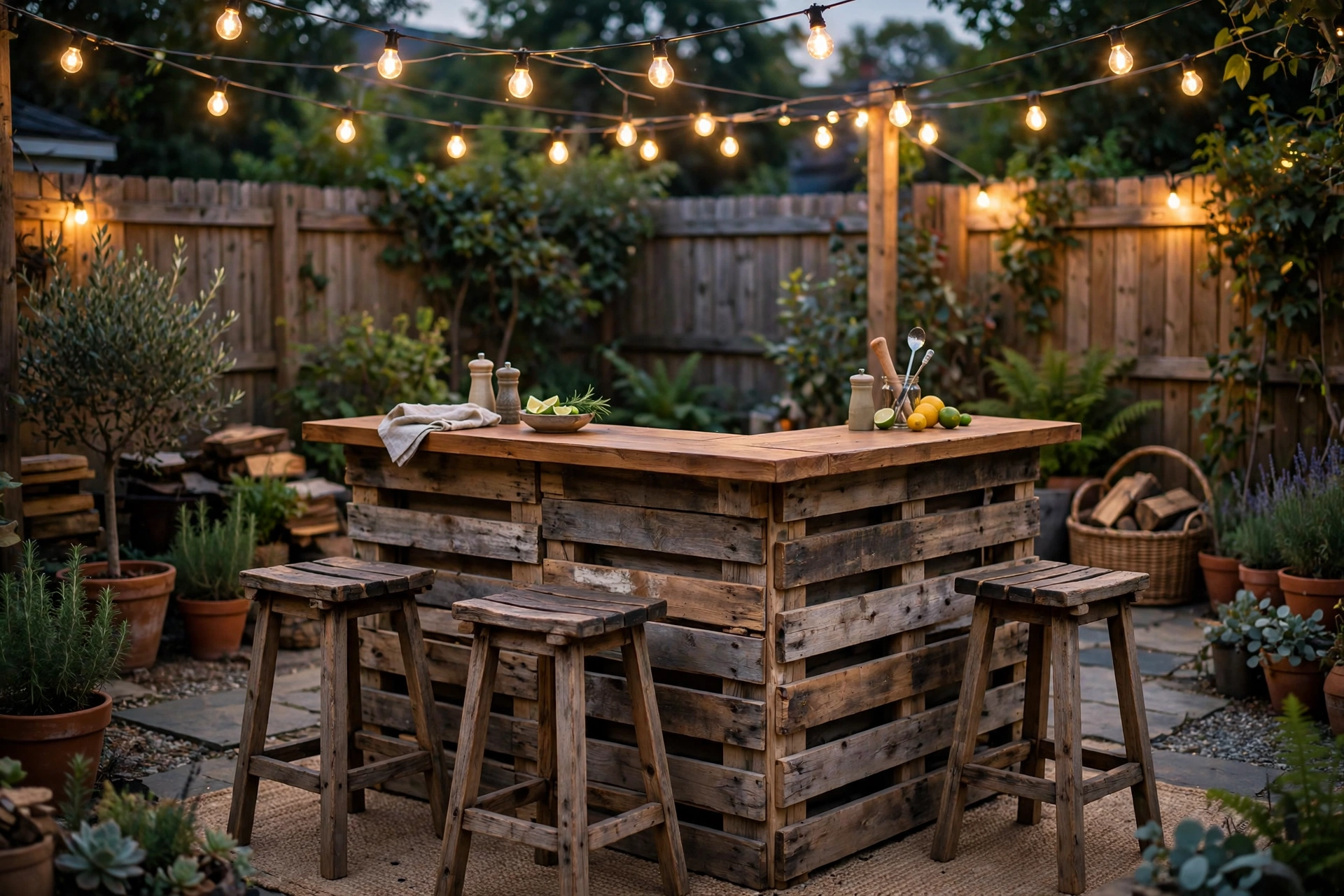 Outdoor patio bar ideas: DIY pallet wood bar with stools in a backyard