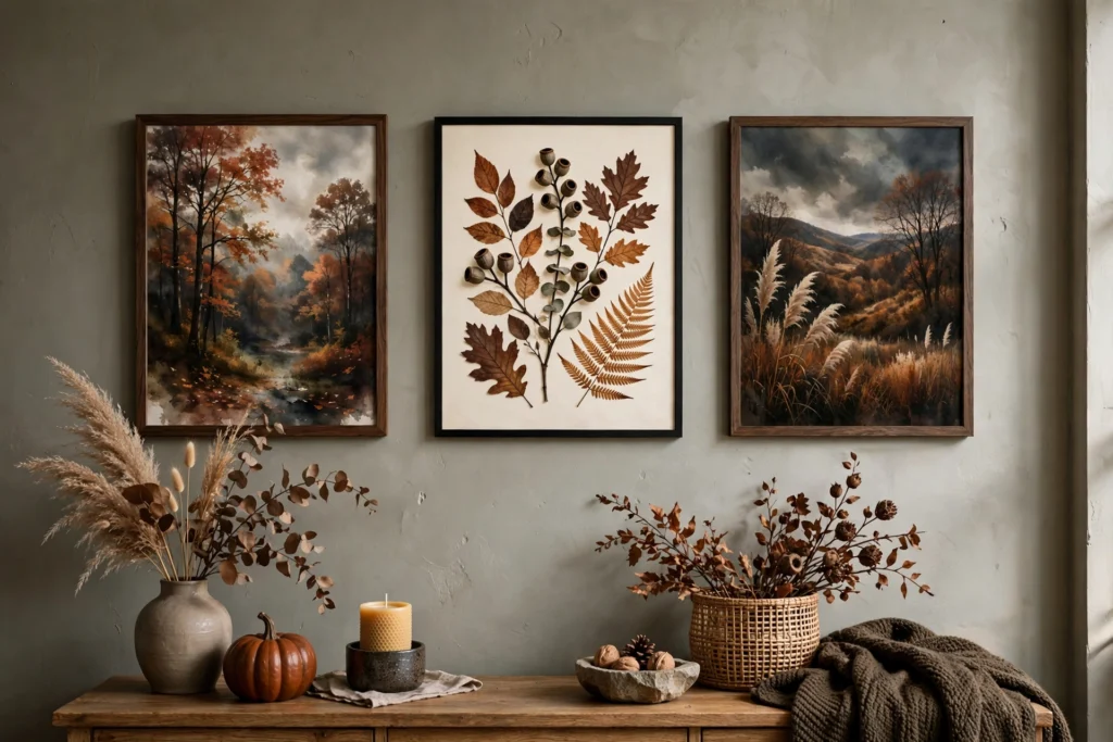 Moody autumn art prints on living room wall