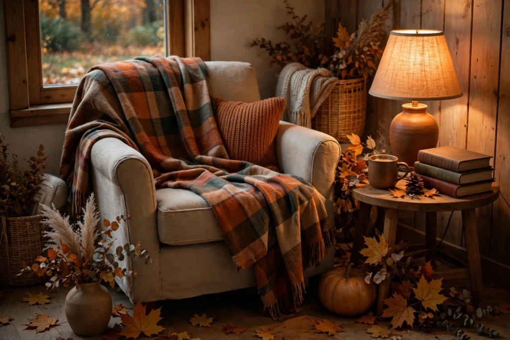 Cozy reading corner with plaid throw
