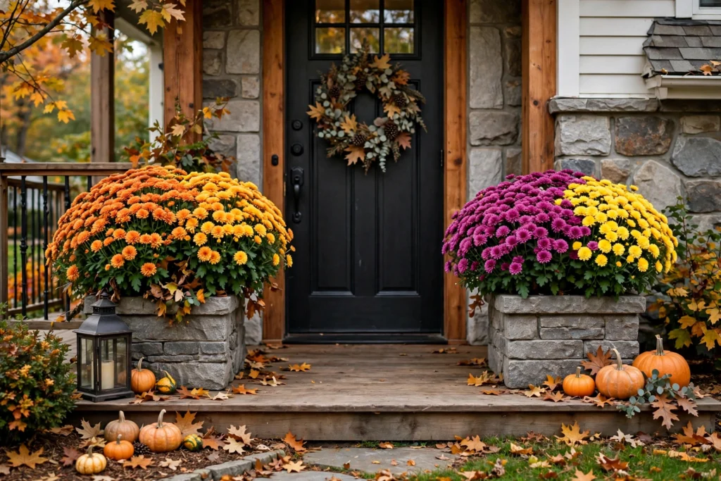Porch with mums in stone planters