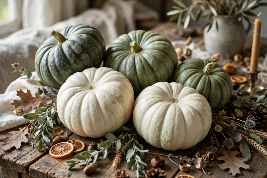 Heirloom pumpkins clustered in odd numbers