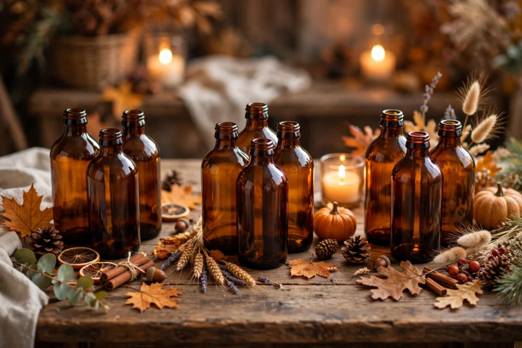 Amber glass bottles styled in groups of three