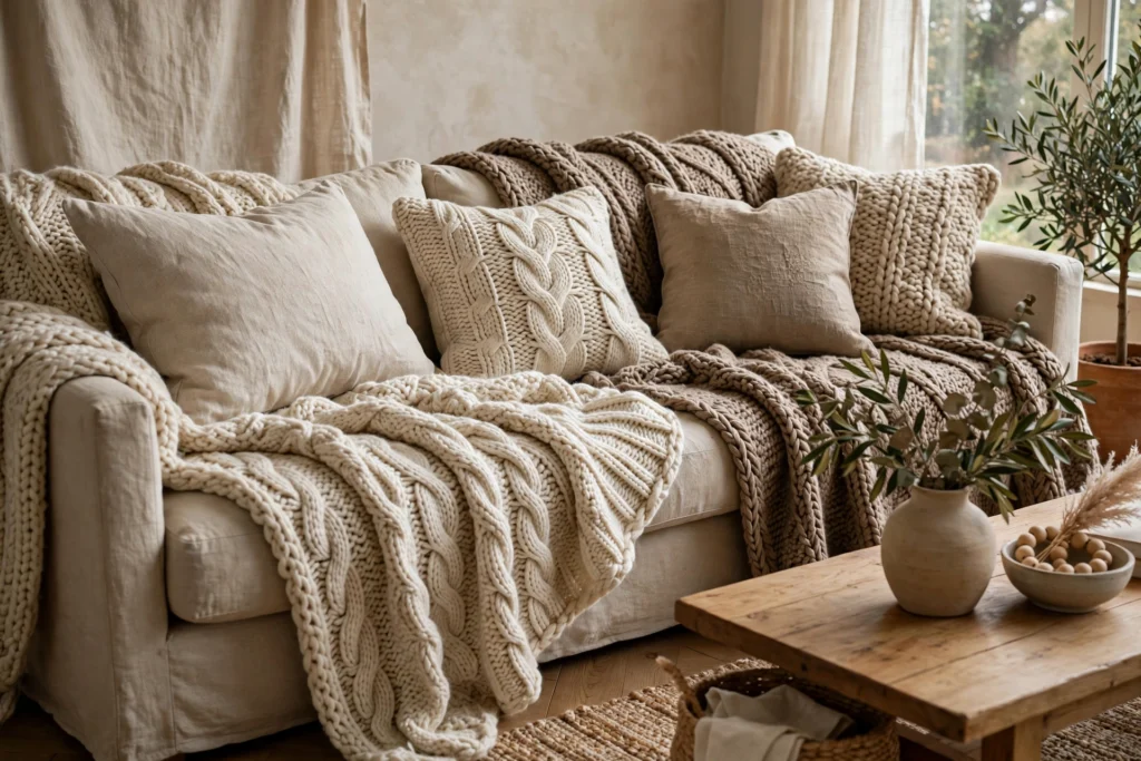 Linen and chunky knit textures layered on sofa