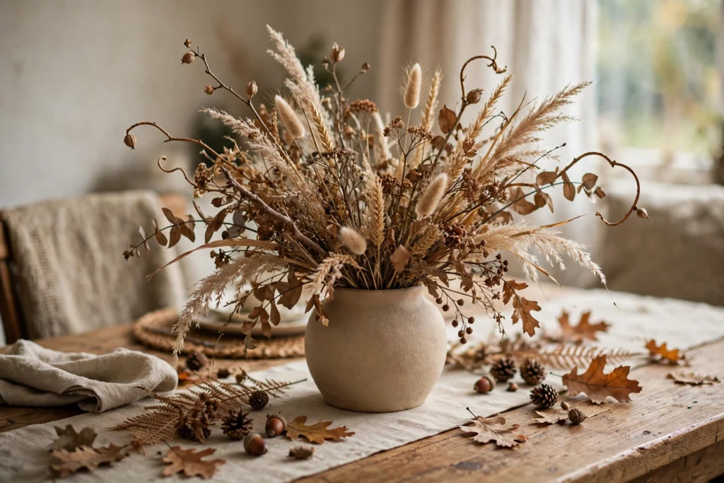 Foraged centerpiece with branches and dried grasses