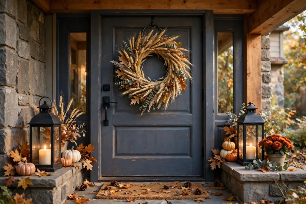Entryway with wheat wreath and lanterns