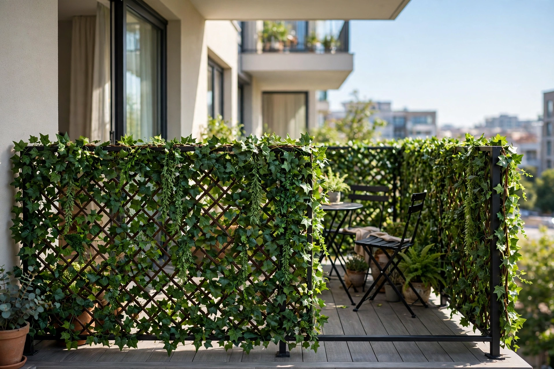 Expandable faux ivy trellis screen covering a balcony railing for privacy