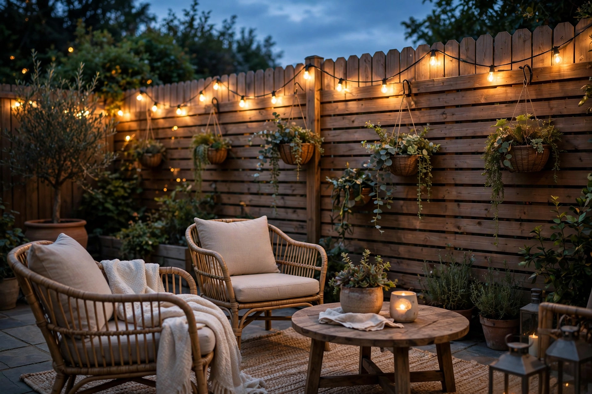 close-up of black zip ties securing string light wire to a metal balcony railing, warm bulbs glowing